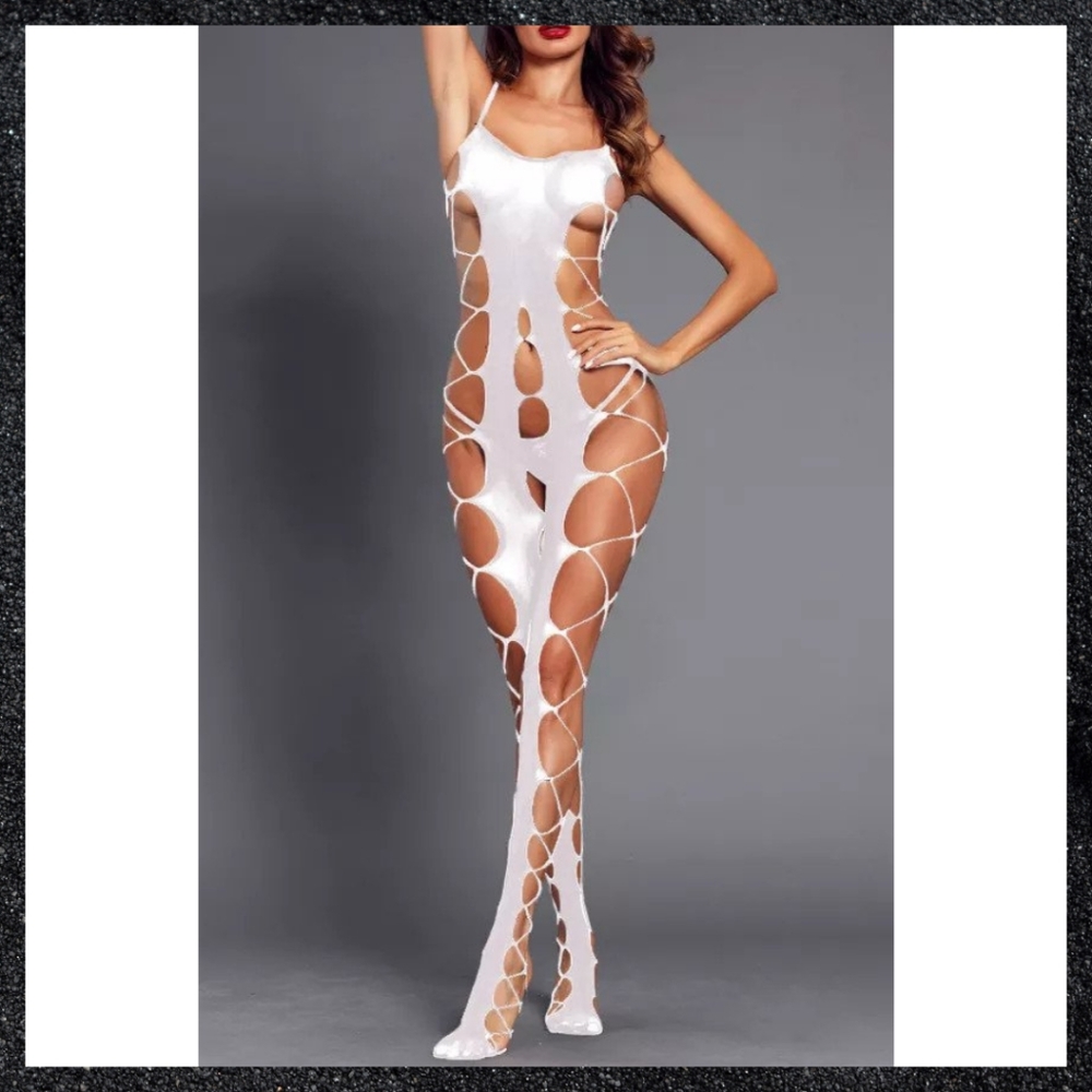 White Fishnet Hollow-Out Open Crotch Bodystocking